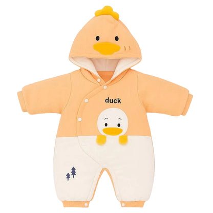 Hooded Woolen Romper With Snap Buttons - Orange Ducky