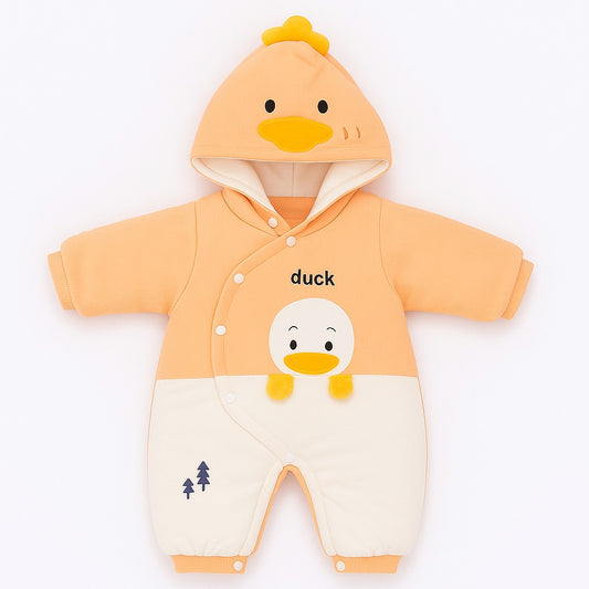 Hooded Woollen Romper With Snap Buttons - Orange Ducky