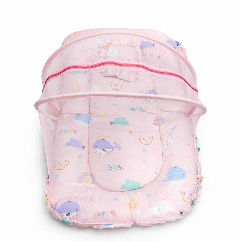 Baby Bedding Set With Mosquito Net & Head Support Pillow - Rainbow Whale