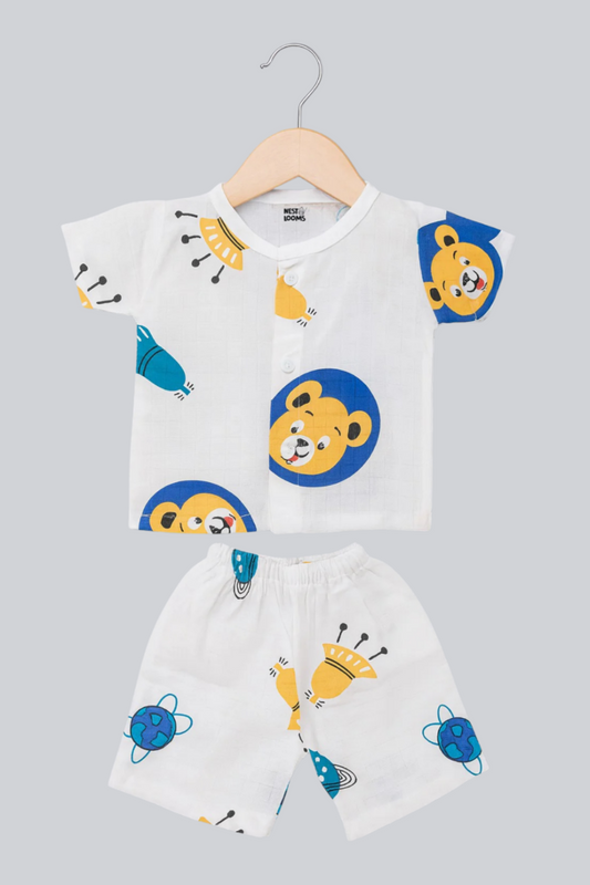 Half Sleeves Jhabla Set - Organic Cotton Muslin- Space bear