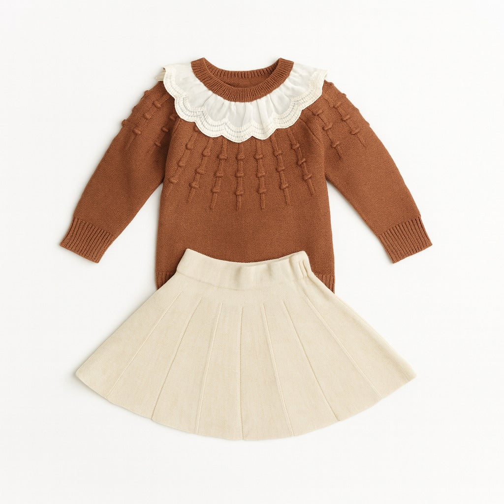 Knitted Ruffle Sweater & Skirt Set - Brownie Bloom