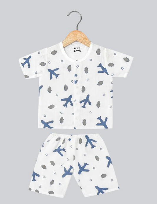 Half Sleeves Jhabla Set - Organic Cotton Muslin -  Aeroplane rides