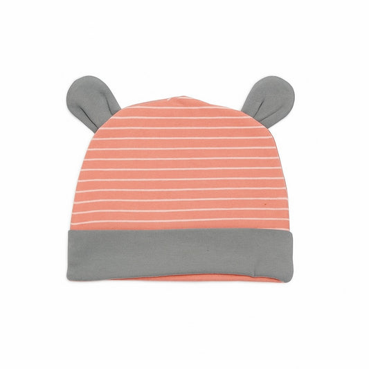 Beanie With Teddy Ears - Peachy Stripe