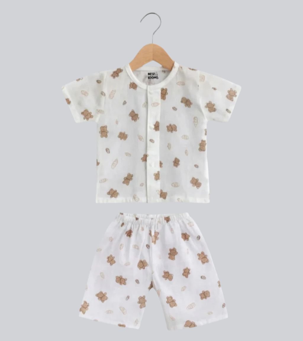 Half Sleeves Jhabla Set - Organic Cotton Muslin - Bear Snuggle