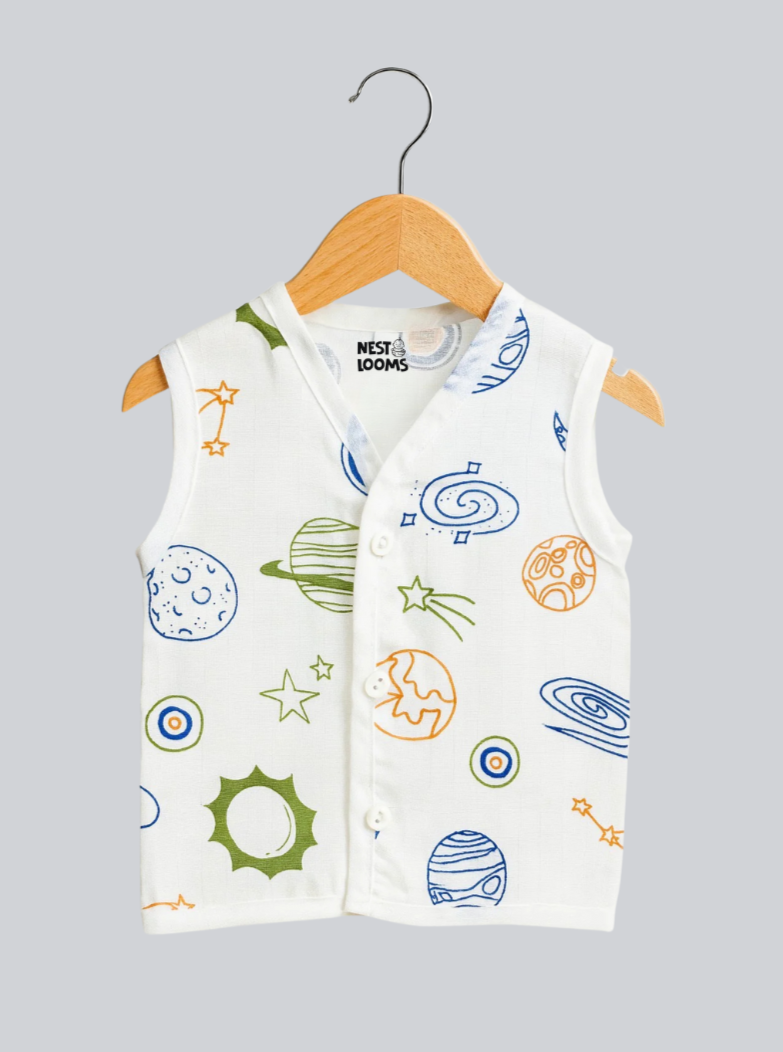 Sleeveless Jhabla With Button- Muslin - Galaxy Dreams