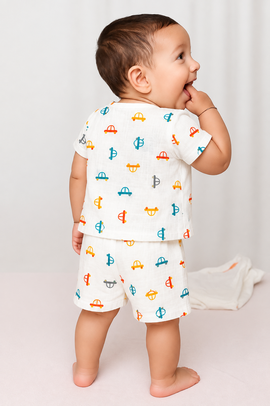 Half Sleeves Jhabla Set - Organic Cotton Muslin - Tiny Wheels