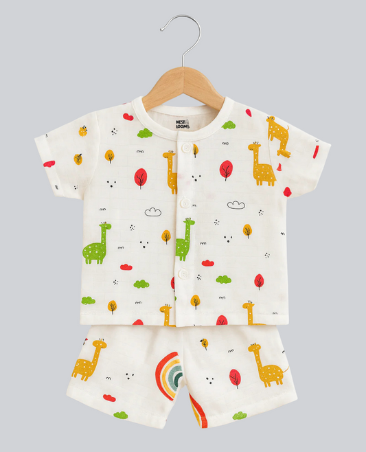 Half Sleeves Jhabla Set - Organic Cotton Muslin - Giraffe Safari