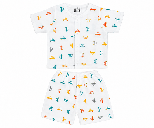 Half Sleeves Jhabla Set - Organic Cotton Muslin - Tiny Wheels