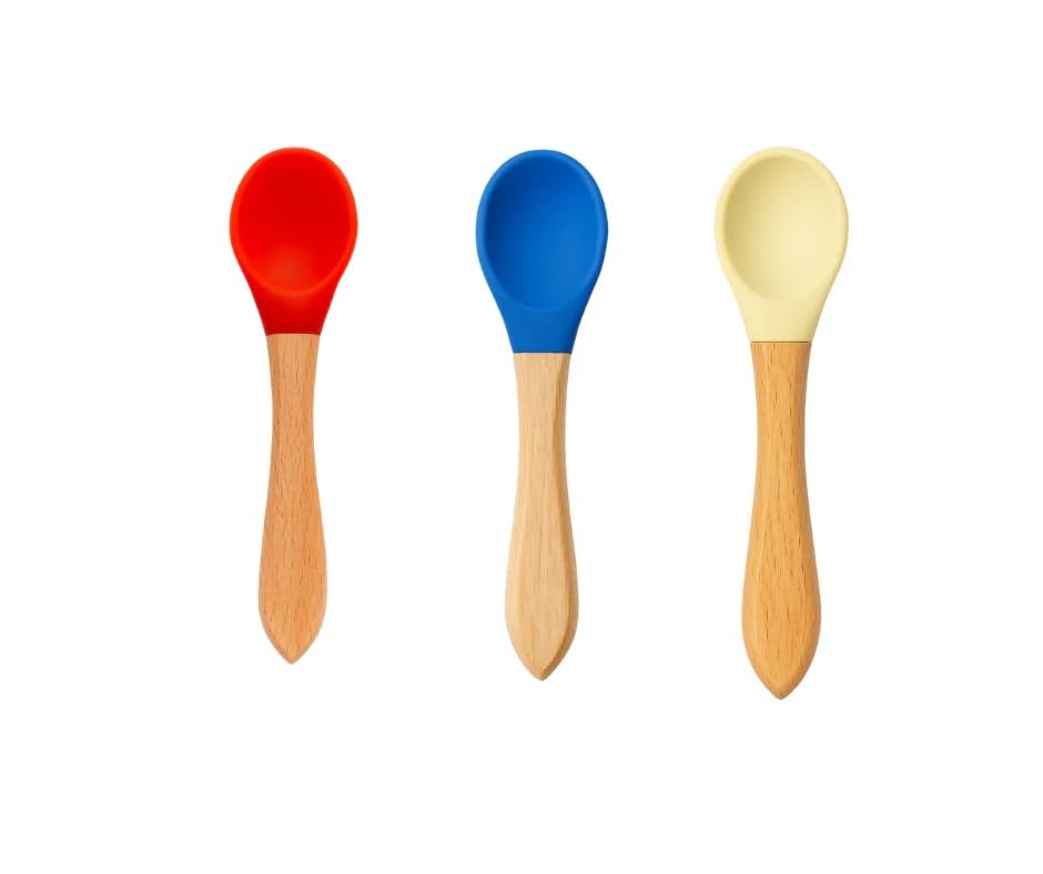 Baby Silicone Spoon with Bamboo Handle - Set of 3 Mix Colour