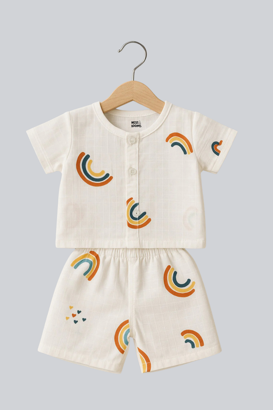Half Sleeves Jhabla Set - Organic Cotton Muslin - Rainbow Dreams