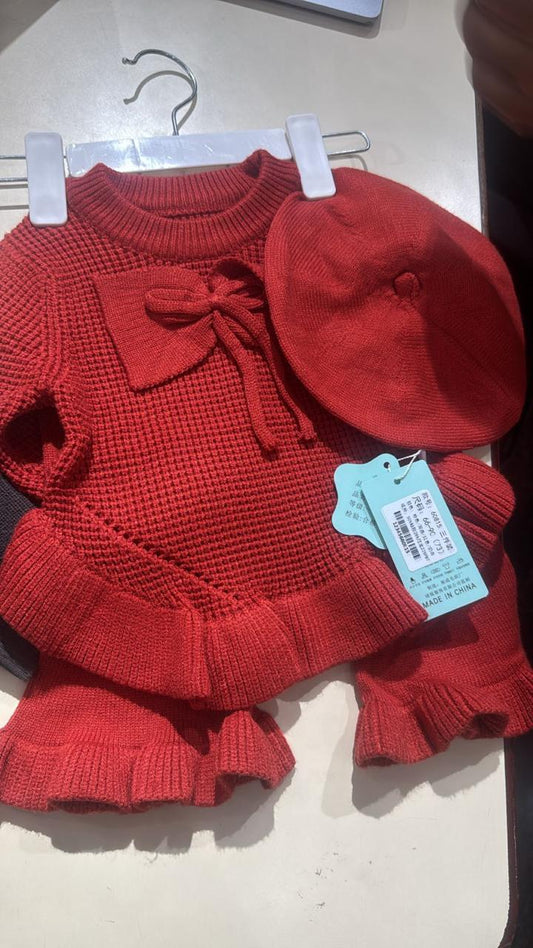 Cozy 3-Piece Red Knitted Co-ord Set - (Ruffle Sweater,Pants,Beret Cap)