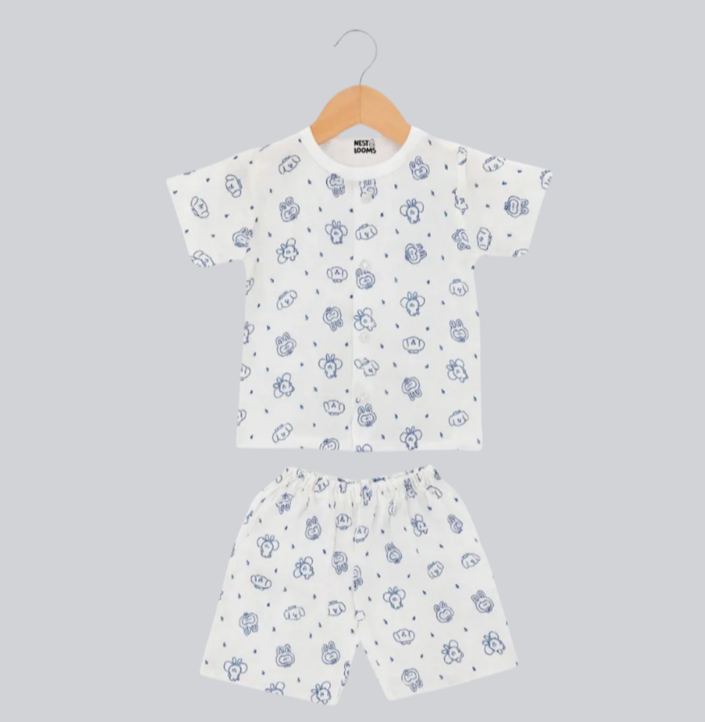 Half Sleeves Jhabla Set - Organic Cotton Muslin - Bunny & Bear