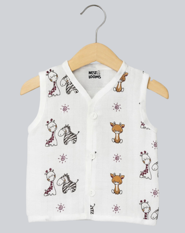 Sleeveless Jhabla With Button- Muslin - Jungle Buddies