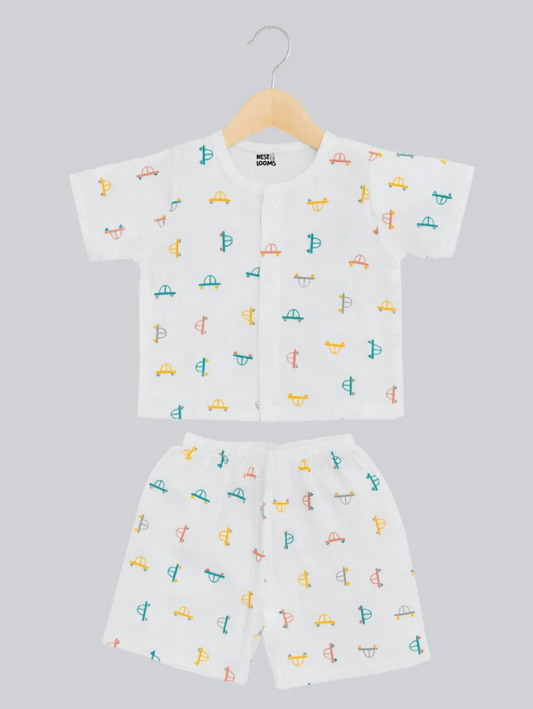 Half Sleeves Jhabla Set - Organic Cotton Muslin - Tiny Wheels