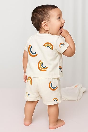 Half Sleeves Jhabla Set - Organic Cotton Muslin - Rainbow Dreams