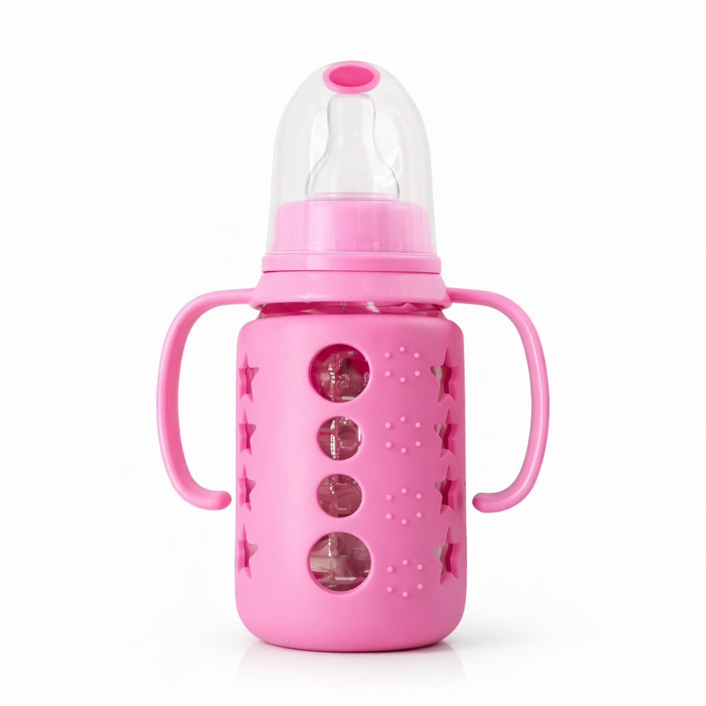 Glass Feeding Bottle With Handle 120ml - Twinkle Pink
