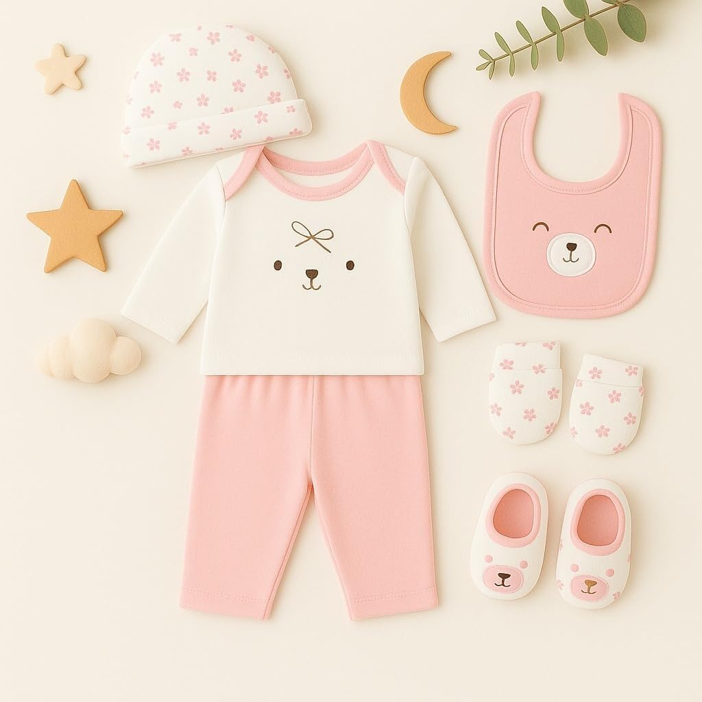6 pcs Baby Clothing Gift Set - Pink Tiny Bear