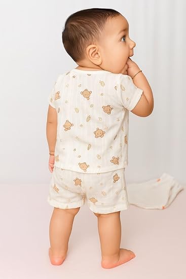 Half Sleeves Jhabla Set - Organic Cotton Muslin - Bear Snuggle
