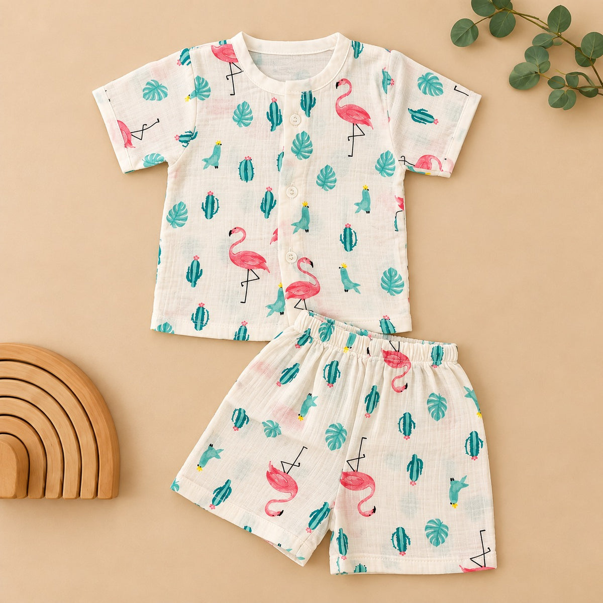 Half Sleeves Jhabla Set - Organic Cotton Muslin -  Flamingo Fiesta