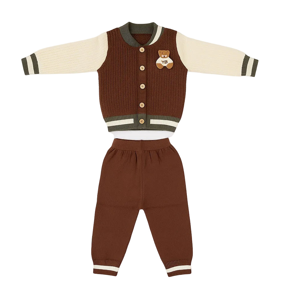 Knitted Sweater Pant Co-ord Set with Button - Brownie Bear