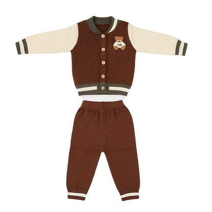 Knitted Sweater Pant Co-ord Set with Button - Brownie Bear