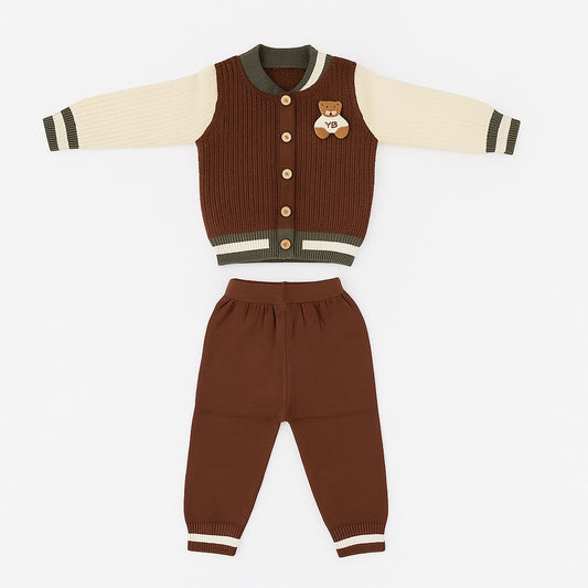 Knitted Sweater Pant Co-ord Set with Button - Brownie Bear