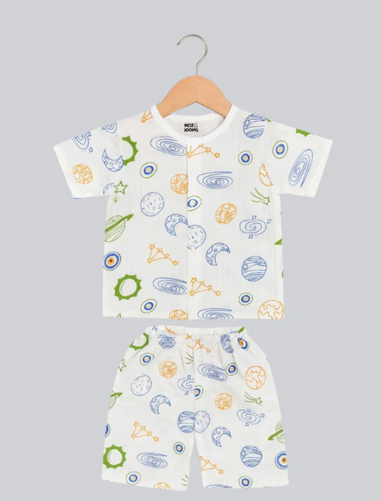 Half Sleeves Jhabla Set - Organic Cotton Muslin -  Galaxy Dreams