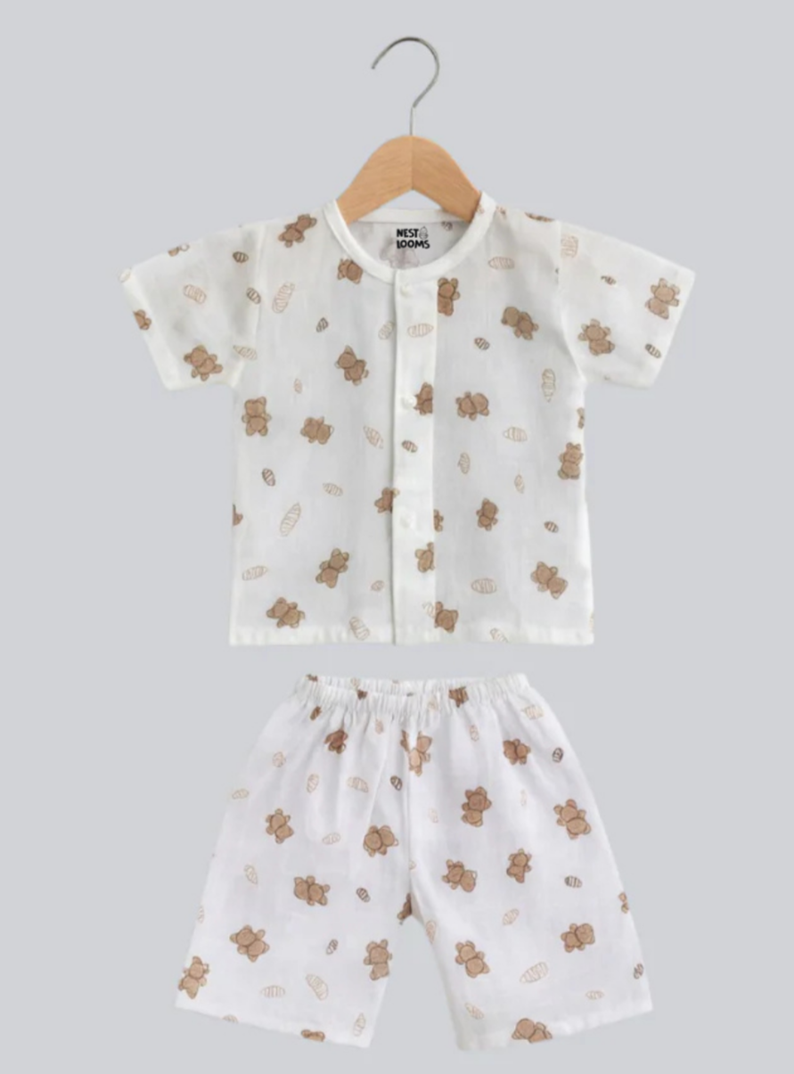 Half Sleeves Jhabla Set - Organic Cotton Muslin - Bear Snuggle