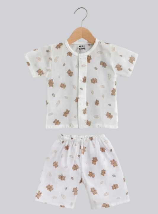 Half Sleeves Jhabla Set - Organic Cotton Muslin - Bear Snuggle