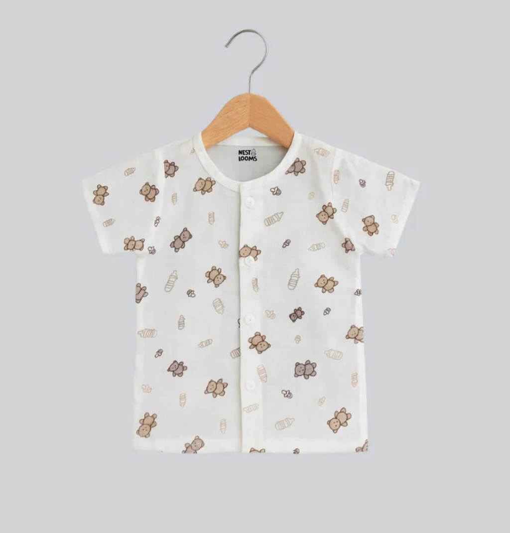 Half Sleeves Jhabla Set - Organic Cotton Muslin - Bear Snuggle