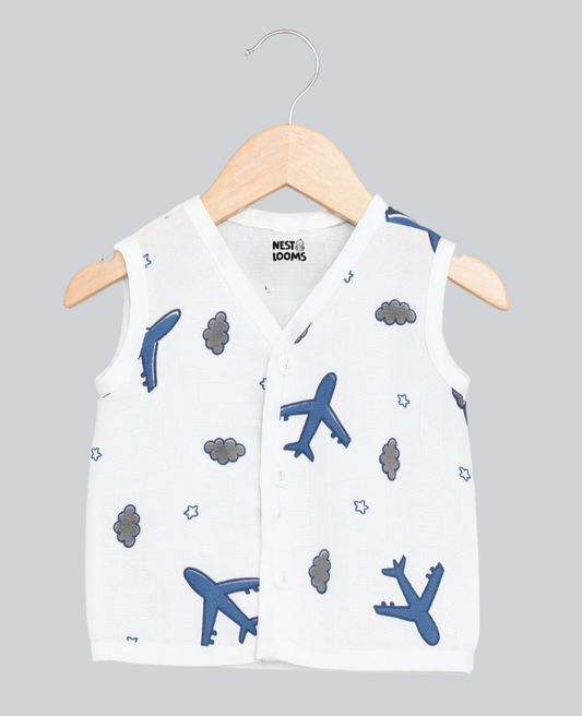 Sleeveless Jhabla With Button- Muslin - Aeroplane Rides