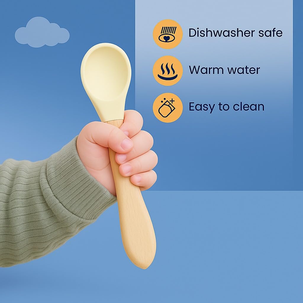 Baby Silicone Spoon with Bamboo Handle - Set of 3 Mix Colour