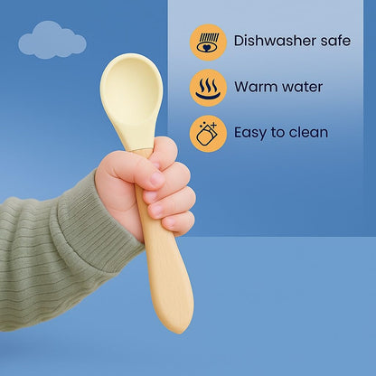 Baby Silicone Spoon with Bamboo Handle - Set of 3 Mix Colour