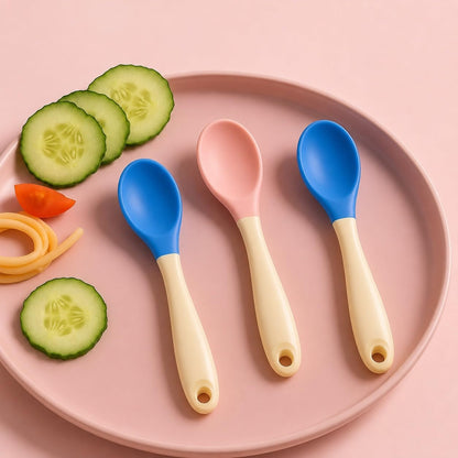 Baby Silicone Feeding Spoon With Silicone Handle - Set of 3 Mix Colour