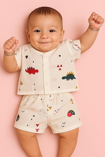 Half Sleeves Jhabla Set - Organic Cotton Muslin - Dinoland