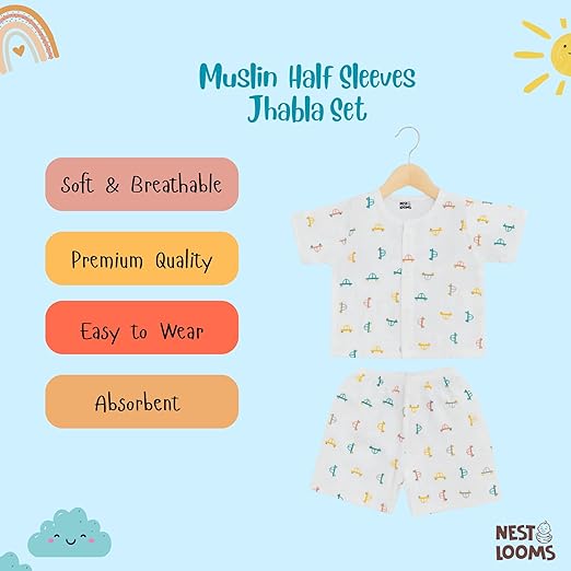 Half Sleeves Jhabla Set - Organic Cotton Muslin - Tiny Wheels