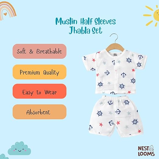 Half Sleeves Jhabla Set - Organic Cotton Muslin -  Sailor Star