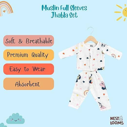 Muslin Full Sleeves Jhabla Set - Organic Cotton Muslin - Mickey Love