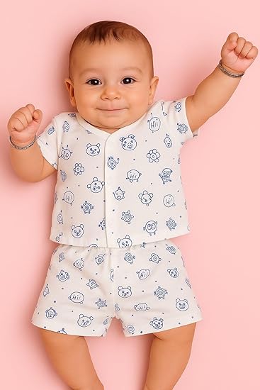 Half Sleeves Jhabla Set - Organic Cotton Muslin - Bunny & Bear