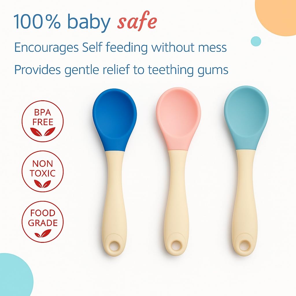 Baby Silicone Feeding Spoon With Silicone Handle - Set of 3 Mix Colour