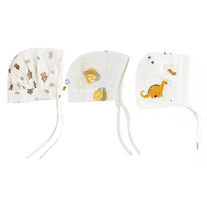 Muslin Dori Cap - Combo of 3 (Bear Snuggle, dinoland, Space Bear)