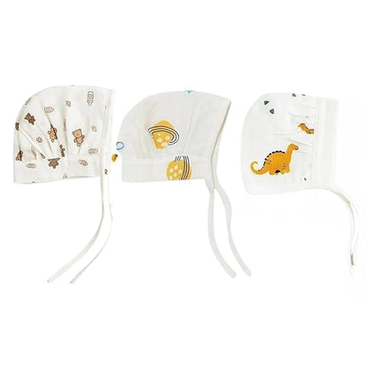Muslin Dori Cap - Combo of 3 (Bear Snuggle, dinoland, Space Bear)