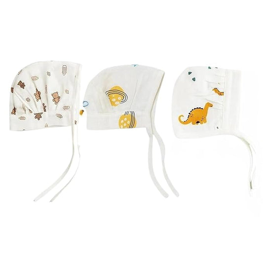 Muslin Dori Cap - Combo of 3 (Bear Snuggle, dinoland, Space Bear)