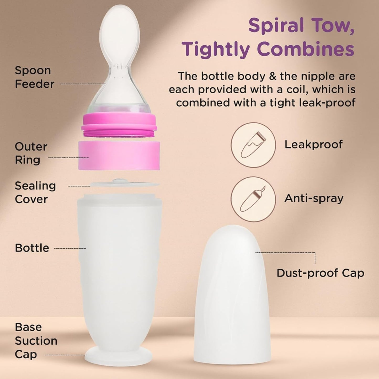 Feeding Bottle With Spoon - peach