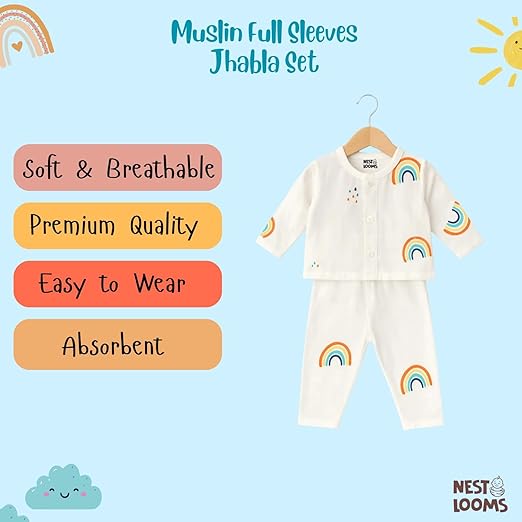 Muslin Full Sleeves Jhabla Set - Organic Cotton Muslin - Rainbow Dreams