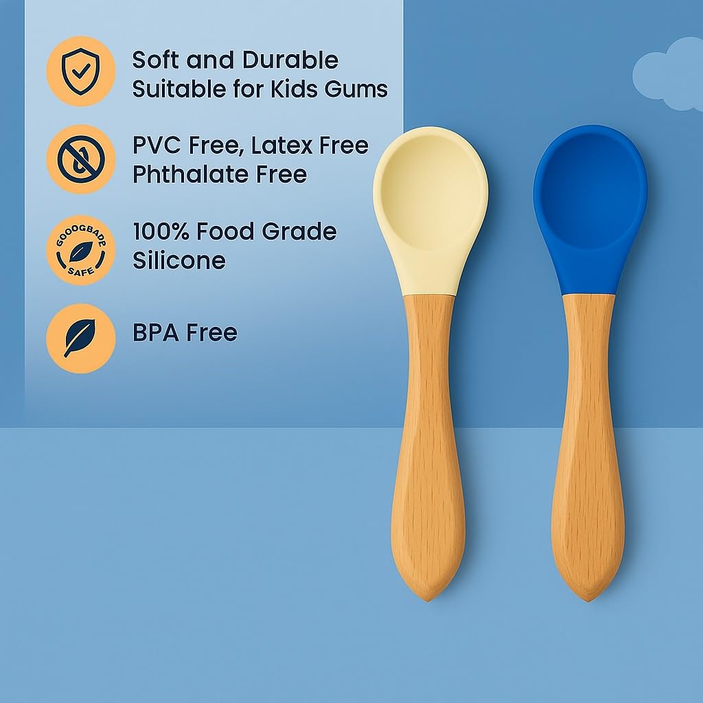 Baby Silicone Spoon with Bamboo Handle - Set of 3 Mix Colour