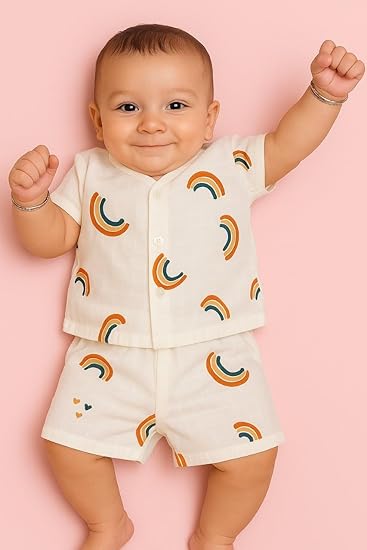 Half Sleeves Jhabla Set - Organic Cotton Muslin - Rainbow Dreams