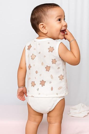Sleeveless Jhabla With Button- Muslin - Bear Snuggle