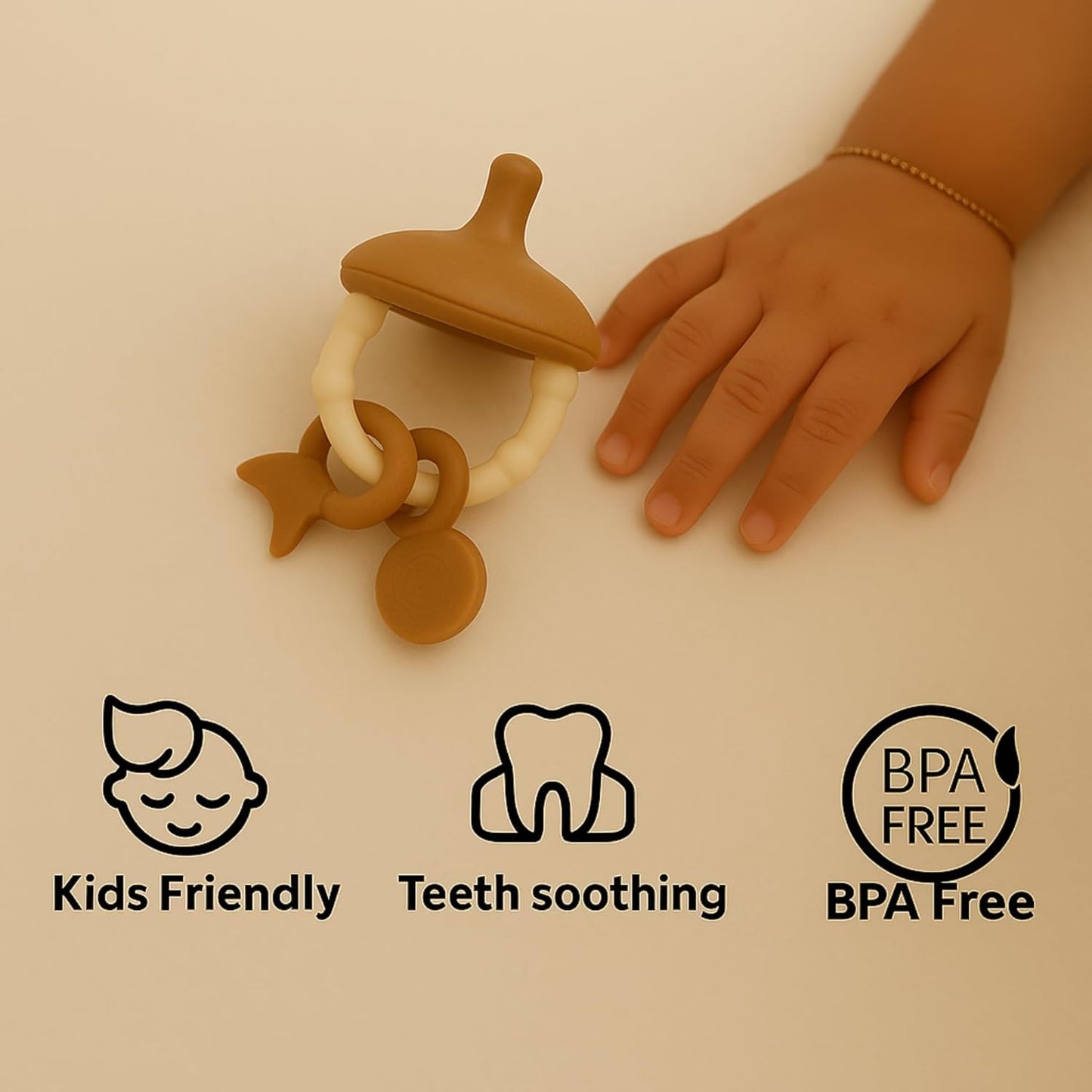 Premium Pacifier Silicone Teether with toy rings (Beige-white)