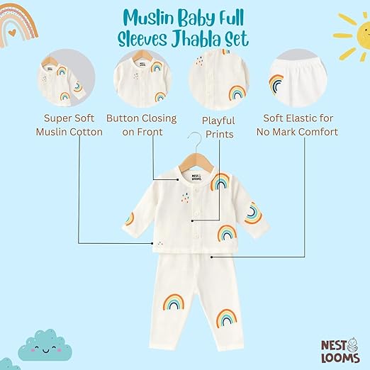 Muslin Full Sleeves Jhabla Set - Organic Cotton Muslin - Rainbow Dreams